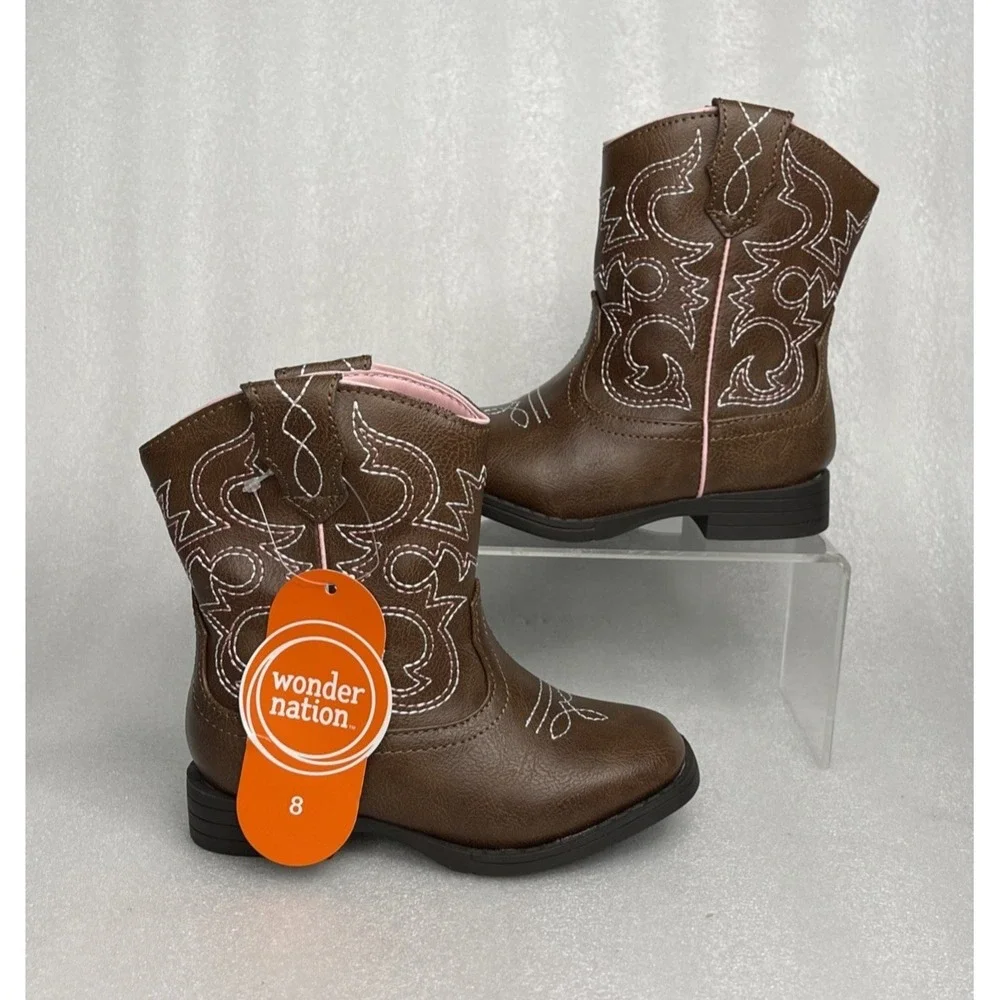 Wonder Nation Brown Pull-on Square Toe Cowboy Cowgirl Boots Toddler Girls Size 8